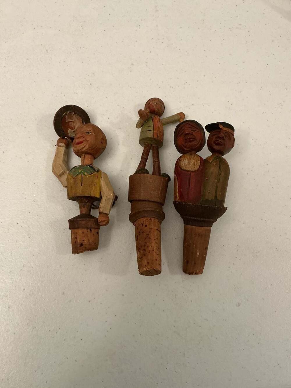 Set of 3 Vintage Hand Carved Mechanical Wooden Wine Bottle Stoppers